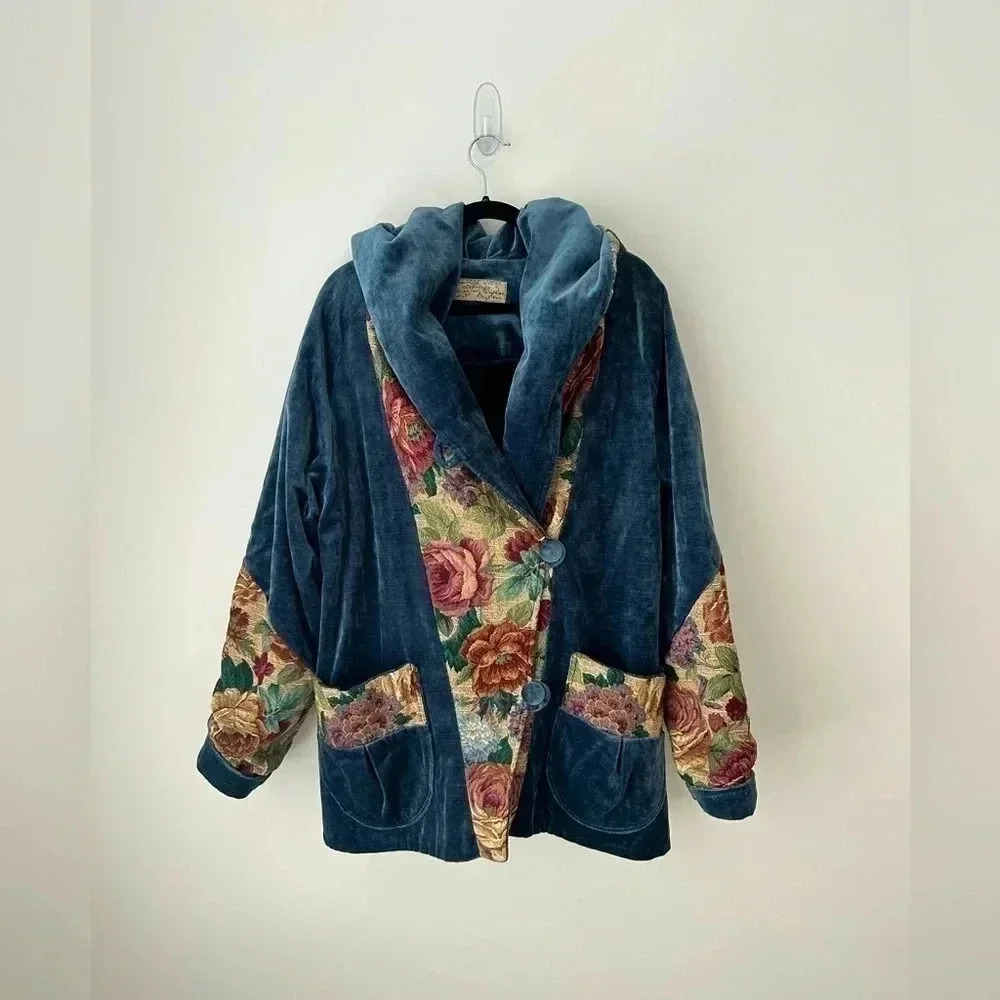 Vintage Custom Blue Velvet and Tapestry Floral Women's Jacket